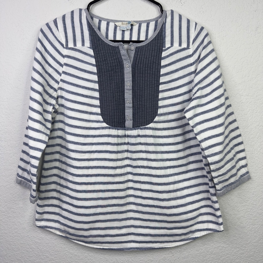 Boden Shirt Womens US8 Blue White Striped Button Front Pintuck Coastal Preppy